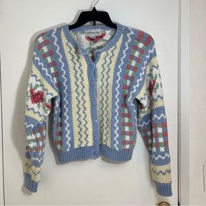 All Week Long Blue & Cream Floral Womens Sweater Sz Medium Cardigan Grandma Core